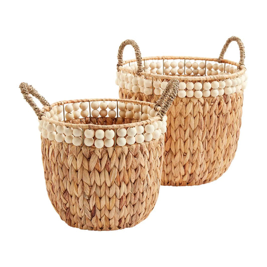 WHITE DOUBLE BEAD BASKET S/2