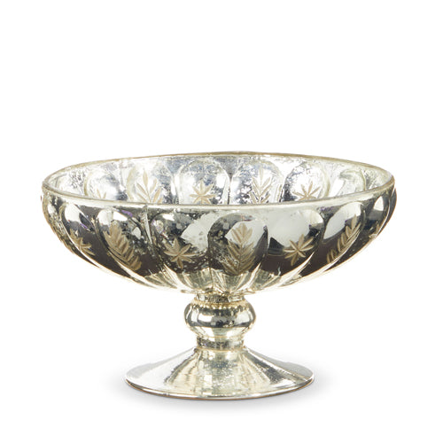 7" ETCHED MERCURY GLASS FOOTED COMPOTE